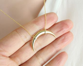 Double Horn Necklace In Gold/Silver, Moon Necklace, Tusk Necklace, Antler Necklace, Crescent Moon, Half Moon Necklace