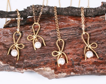 Collar con lazo y perlas de agua dulce, collar de cinta, regalo para damas de honor, nudo, envío rápido