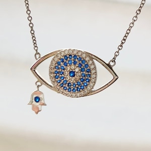 Blauer Zirkonia Böses Auge mit Hamsa Hand Halskette, .925 Sterling Silber Halskette, Symbol Des Schutzes, Weihnachtsgeschenk, Schneller Versand