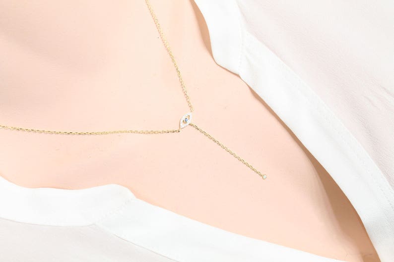 Lucky Charm Symbol Of Protection Blue Cubic Evil Eye Rose Gold Evil Eye Y-Necklace Necklace Lariat Necklace .925 Sterling Silver Chain
