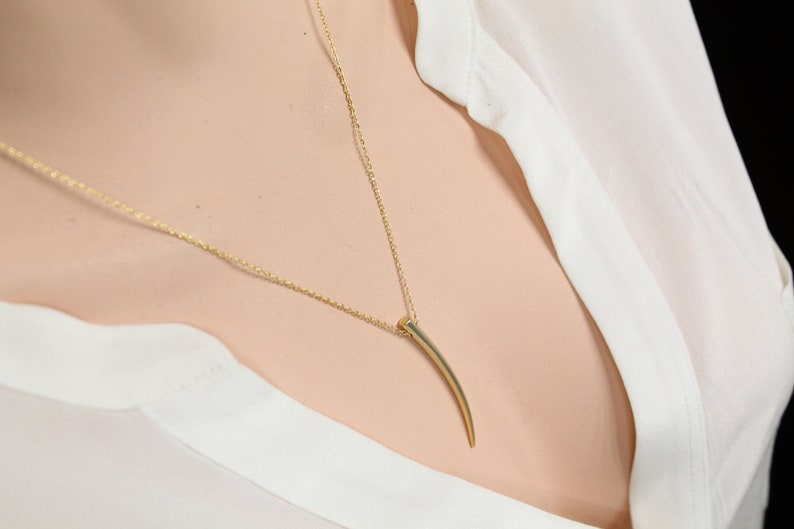 Gold tusk necklace, Skinny long tusk, Simple horn tusk necklace, Dainty necklace, Layering necklace, Gold horn pendant, Boho chic necklace image 2