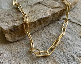 Collier de chaîne de trombone doré / argent, collier de chaîne rectangulaire allongé, collier de chaîne épais, Choker, collier de superposition