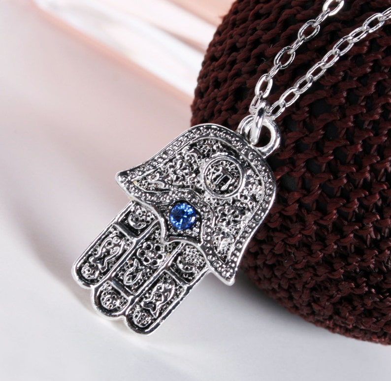 Tiny Blue Evil Eye Hamsa Necklace, .925 Sterling Silver Chain Necklace, Silver Hamsa Hand with Blue Sapphire Swarovski Crystal Necklace image 2