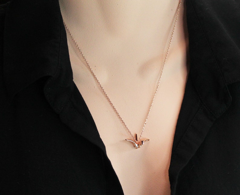 Origami Crane Pendant Necklace, Paper Fold Like Bird, Gold/Silver/Rose Gold Flying Bird, Christmas image 1