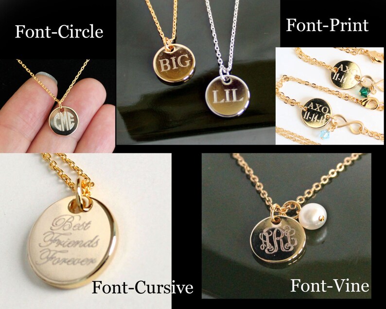 May include: Gold and silver necklaces with round pendants. The pendants feature engraved text in various fonts, including initials, words like "BIG" and "LIL", and phrases such as "Best Friends Forever". Some pendants have additional charms.