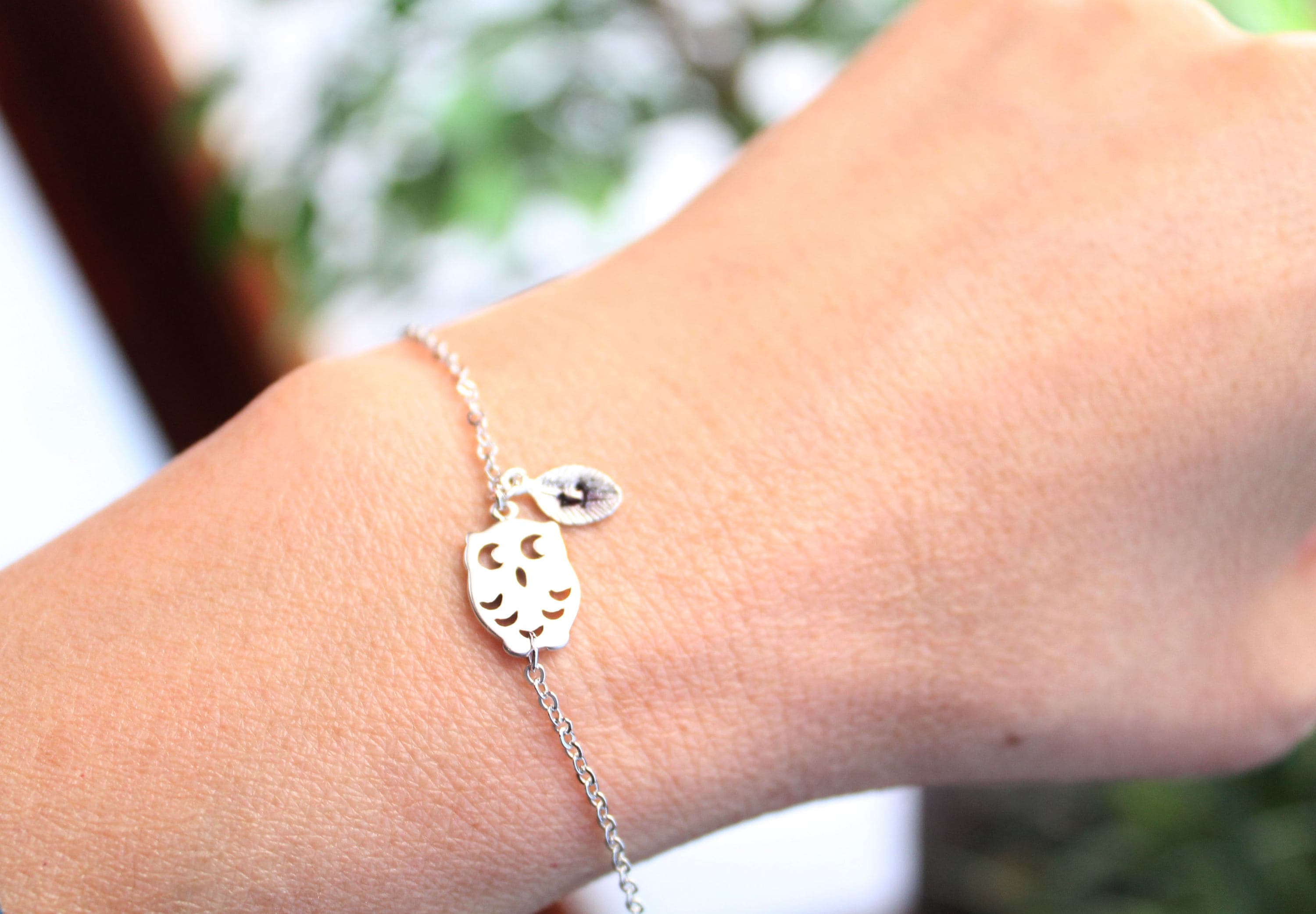 Owl Bracelet, Personalized Owl Bracelet, Owl Charm And Initial Leaf Bracelet, Gold Owl Bracelet, Wed