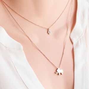 May include: Rose gold layered necklace with two pendants: a small Hamsa hand and an elephant. The necklaces are worn over a white blouse. The jewelry is delicate and elegant.