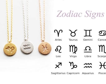 May include: Three gold, silver, and rose gold necklaces with zodiac signs pendants. The pendants are round and feature a cutout of the zodiac sign. The signs are: Aquarius, Sagittarius, and Pisces. The image also shows a chart of all 12 zodiac signs.