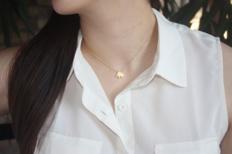 May include: A gold-colored elephant pendant necklace. The small charm is suspended from a delicate chain. The necklace is worn over a white collared shirt.