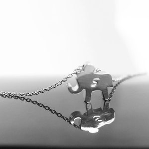 May include: A silver-toned necklace featuring a small elephant pendant. The elephant has an 'S' cut out in the center. The chain is delicate and the pendant is reflected on a shiny surface. The background is blurred.