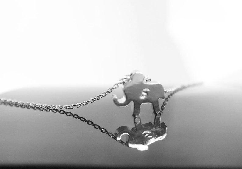 May include: A silver-toned necklace featuring a small elephant pendant. The elephant has an 'S' cut out in the center. The chain is delicate and the pendant is reflected on a shiny surface. The background is blurred.