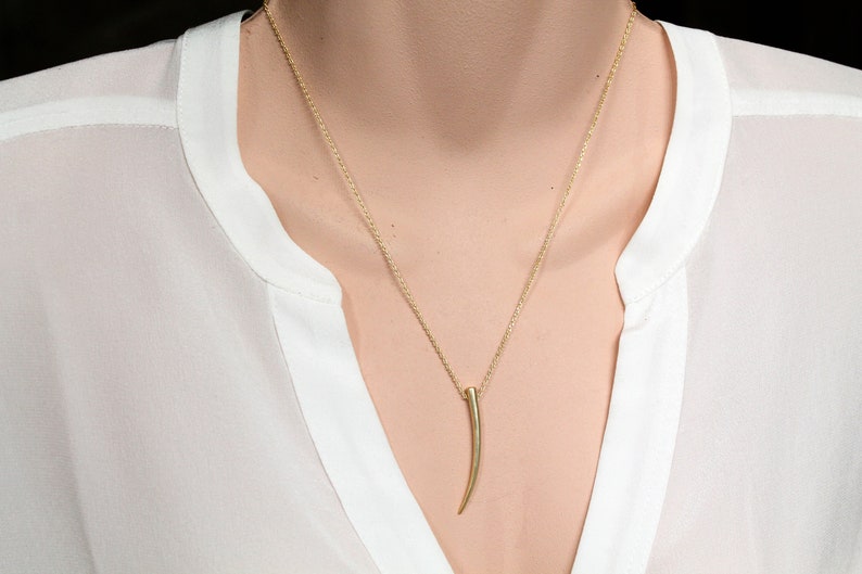 Gold tusk necklace, Skinny long tusk, Simple horn tusk necklace, Dainty necklace, Layering necklace, Gold horn pendant, Boho chic necklace image 6