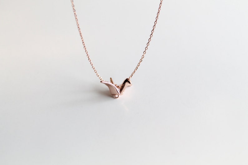 Origami Crane Pendant Necklace, Paper Fold Like Bird, Gold/Silver/Rose Gold Flying Bird, Christmas image 2