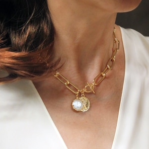Statement necklace, Elongated rectangle chain with pearl and coin charm necklace, Thick paperclip chain, Gold chunky chain, Choker