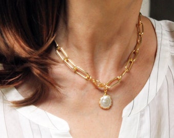 Chunky gold chain with freshwater pearl charm necklace, Thick paperclip chain, Rectangle link chain, Statement necklace, Choker chain
