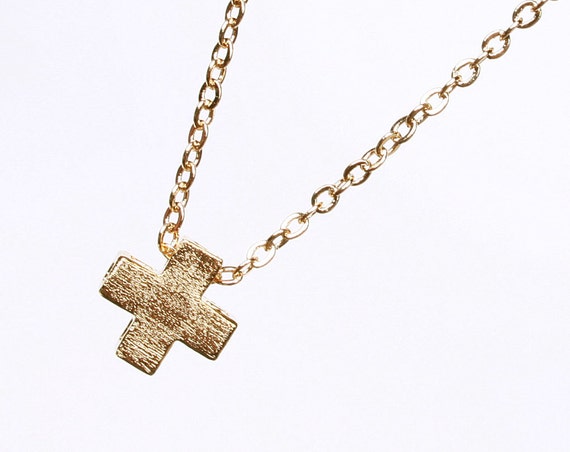 Collier Chaîne Trombone Femme, Croix Chunky, Plaqué Or 14K - Doré, Laiton