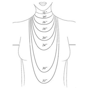 May include: Diagram showing different necklace lengths from 13 inches to 33 inches.