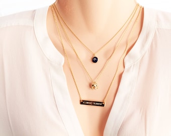 Layering Necklaces, Horizontal Bar Necklace, Engravable, Elephant Necklace, Blue Evil Eye Necklace