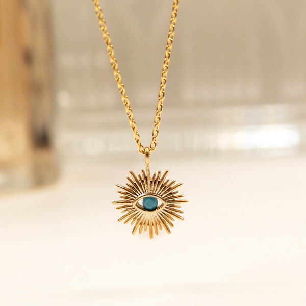 Evil-eye necklace, Turquoise eye, Sunburst necklace, Sun rays, Lucky charm necklace, Layering necklace