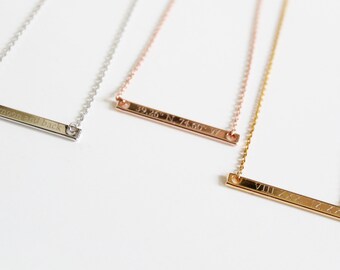 Engravable Bar Necklace, Roman Numerals, Compass Coordinates, Greek Letters, Dates and Numbers, Sorority Jewelry, Wedding