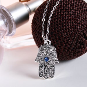 Tiny Blue Evil Eye Hamsa Necklace, .925 Sterling Silver Chain Necklace, Silver Hamsa Hand with Blue Sapphire Swarovski Crystal Necklace image 5