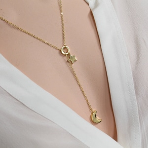 Star And Moon Y-Lariat Necklace, Crescent Moon and Star, Adjustable Length, Fast Shipping, Wedding
