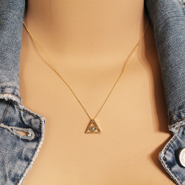 Evil eye necklace, Gold triangle evil eye necklace, Lucky charm, Turquoise evil eye