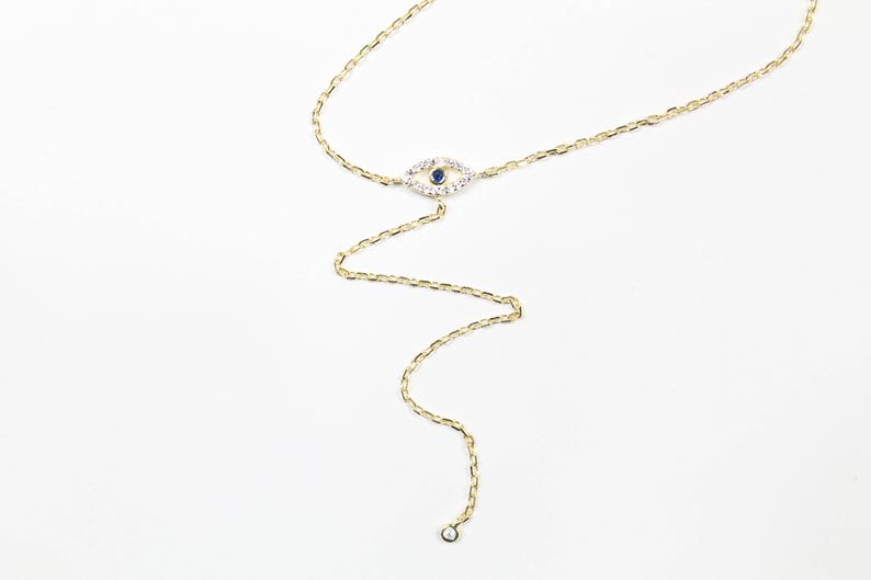 Lucky Charm Symbol Of Protection Blue Cubic Evil Eye Rose Gold Evil Eye Y-Necklace Necklace Lariat Necklace .925 Sterling Silver Chain