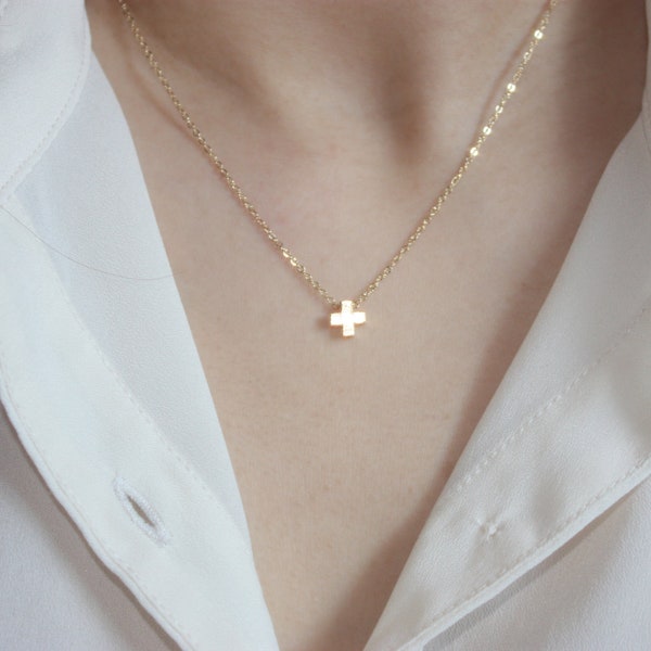 Tiny Cross Necklace, 14K Gold Filled Chain/Sterling Silver Chain, Plus Sign, Christmas Gift