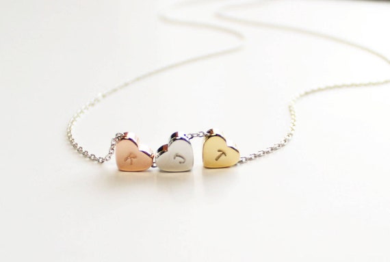 Three Hearts Inside a Silver Heart Necklace Rose gold plated with Diamonds touch