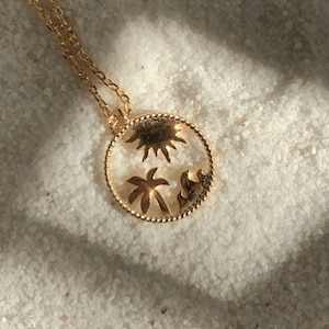Wave Palm Sun symbols pendant necklace, Gold medallion necklace, Ocean wave, Lucky charm, Surfing charm