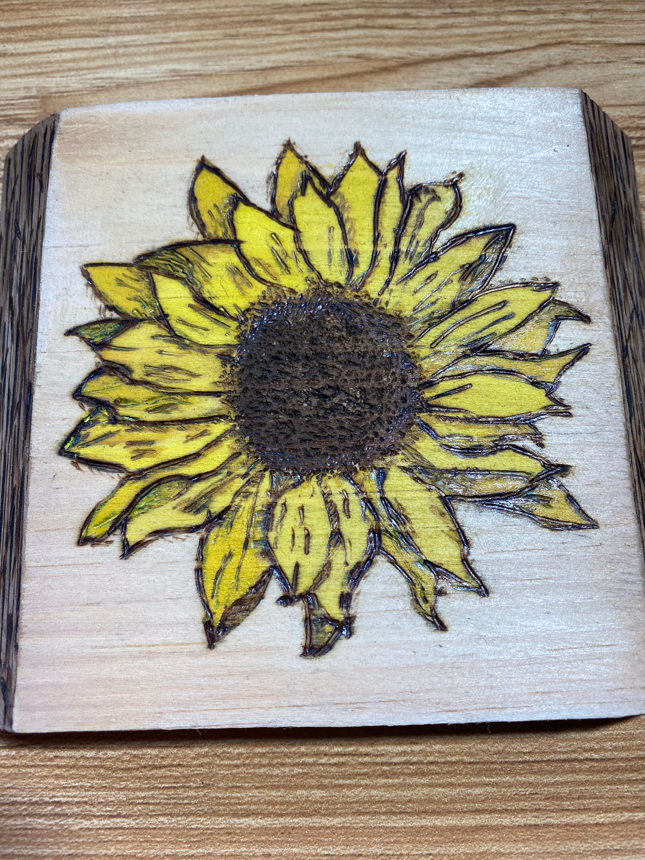Sunflower Wood Burning Art | Repurposed Wood | hug trees not people