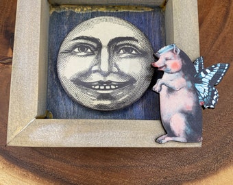 Whimsical Pig & Moon Secrets Mixed Media Art - Laughing Friends Vintage Style Shelf Decor - Fairy Tale Collage - Handmade Wood Frame