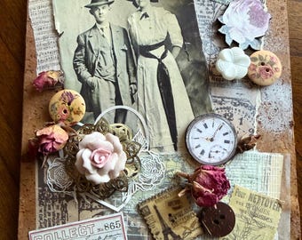 Vintage Valentine Mixed Media Collage - Antique Couple Romance Assemblage Art - Shabby Chic Dried Rose Wall Decor - Rustic Wood Canvas