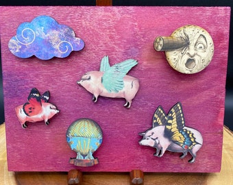 Flying Pigs Mixed Media Collage - Whimsical Fairy Tale Assemblage Art - Quirky Celestial Animal Decor