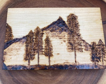 Wood Burned Mountain Landscape Art - Rustic Tree Forest Pyrography Sign - Handcrafted Wilderness Cabin Decor
