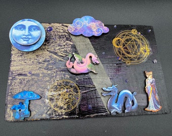Pink Dragon Mixed Media Collage - Whimsical Fantasy Monster Shadow Box - Quirky Lowbrow Pop Art - Strange Mythical Creature Canvas