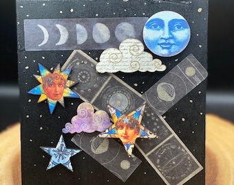 Moon and Star Mixed Media Art | Repurposed Wood | Collage Art By I hug trees not people