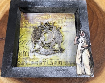 Locked Nun Mixed Media Collage - Dark Academic Gothic Assemblage Art - Whimsical Lowbrow Pop Culture Decor - Strange Reliquary Canvas