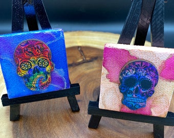 Sugar Skull Watercolor Mini Painting - Day of the Dead Laser Art Collage - Miniature Desktop Display on Easel - Unique Dia de los Muertos