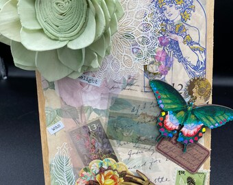 Garden Memories Mixed Media Collage - Junk Journal Style Wood Canvas - Nostalgic Botanical Assemblage