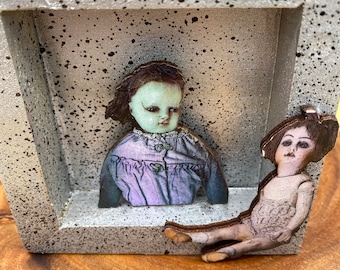 Doll Zombies Mixed Media Shadow Box - Creepy Cute Goth Wall Decor - Whimsical Dark Fantasy Pop Art - Strange Monster Creature Canvas