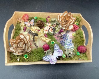 Botanical Garden Mixed Media Tray - Shabby Chic Floral Assemblage Art - Vintage Nature Insect Collage