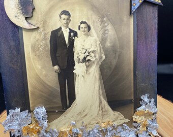 Celestial Vintage Wedding Photo Collage - Whimsical Marriage Portrait Shadow Box - Antique Couple Moon Art