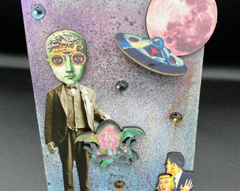 Space Alien Mixed Media Collage - UFO Cosmic Outer Space Art - Whimsical Sci Fi Assemblage Decor - Retro Alien Wooden Canvas Gift