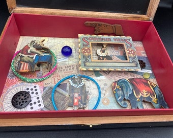 Hidden Vintage Circus Mixed Media Collage - Retro Big Top Shadow Box Art - Whimsical Carnival Assemblage - Unique Oddities Curiosities