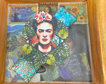 Frida Kahlo Mixed Media Collage - Feminist Icon Portrait Shadow Box - Floral Mexican Artist Wall Decor