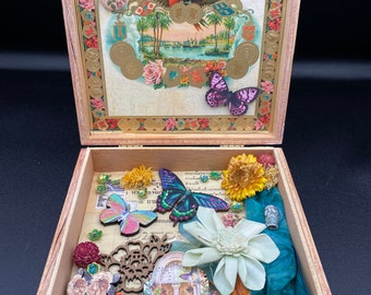 Secret Butterfly Garden Shadow Box Collage - Vintage Floral Dried Flower Decor - Whimsical Nature Gift - Upcycled Wooden Cigar Box Art