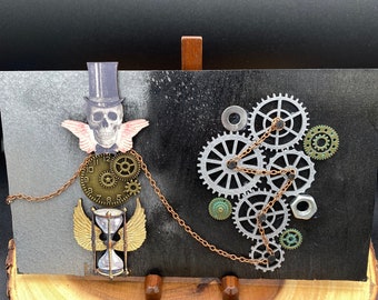 Time to Fly Mixed Media Collage - Whimsical Steampunk Assemblage Art - Vintage Clockwork Bird Decor