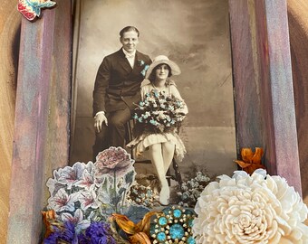 Vintage Wedding Mixed Media Shadow Box - Antique Marriage Portrait Collage - Watercolor Wood Flower Art - Repurposed Wood Keepsake